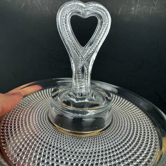 Vtg Round Small Clear Glass Dish Candy Trinket Heart Center Handle Textured READ - Picture 6 of 10